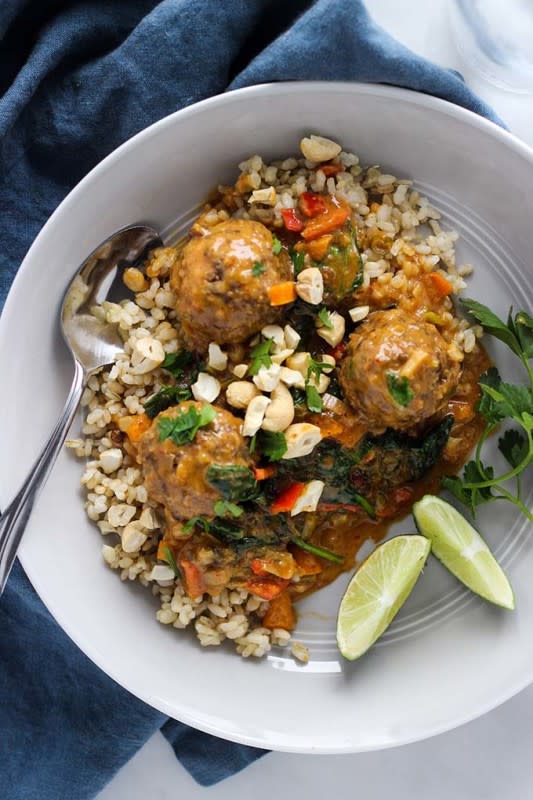 <p>Dietician Debbie</p><p>Who needs take-out when you can make these delicious vegan lentil meatballs with curry sauce served over brown rice and topped with chopped cashews?</p><p><strong>Get the recipe: <a href="https://dietitiandebbie.com/lentil-meatballs-with-curry-sauce/" rel="nofollow noopener" target="_blank" data-ylk="slk:Lentil Meatballs with Curry Sauce;elm:context_link;itc:0;sec:content-canvas" class="link ">Lentil Meatballs with Curry Sauce</a></strong></p>