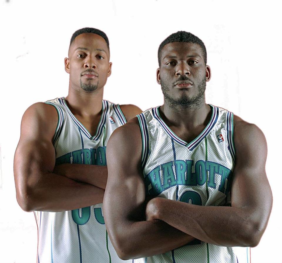 Hornets stars Larry Johnson and Alonzo Mourning in a Nov. 5, 1993, photo for The Charlotte Observer.