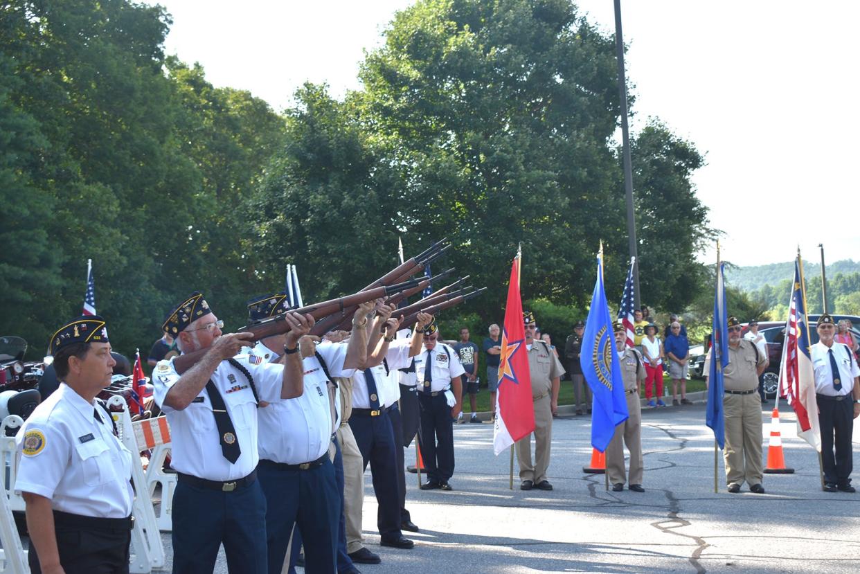 Veterans from American Legion Post 532 and VFW Post 6812 conduct military honors at the July 27, 2023 memorial service for Lance Corporal Sean Willey, whose remains were found in Clay County in November 2022. The service was held in the parking lot of the Clay County Sheriff’s Office, which had investigated his disappearance while hiking the Appalachian Trail in March 2022, the day before deputies and veterans escorted Willey's remains home to Ilion where Willey moved after graduating from Thomas R. Proctor High School in Utica.