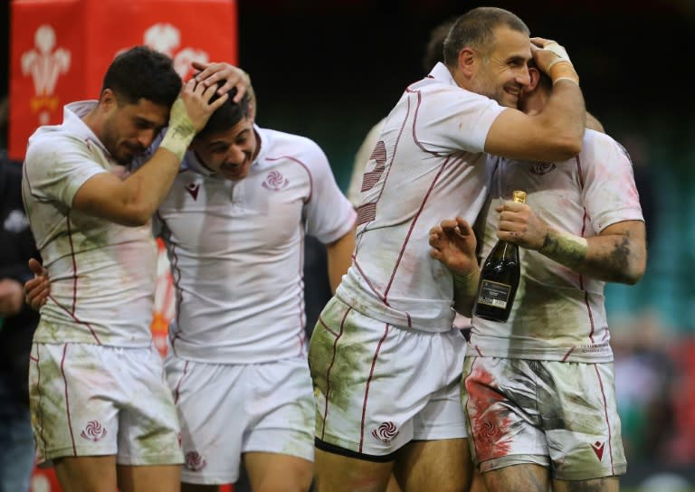 Joy of victory - Georgia's players celebrate their 13-12 win over <a class="link " href="https://sports.yahoo.com/soccer/teams/wales/" data-i13n="sec:content-canvas;subsec:anchor_text;elm:context_link" data-ylk="slk:Wales;sec:content-canvas;subsec:anchor_text;elm:context_link;itc:0">Wales</a> in Cardiff on November 19 2022 (Geoff Caddick)