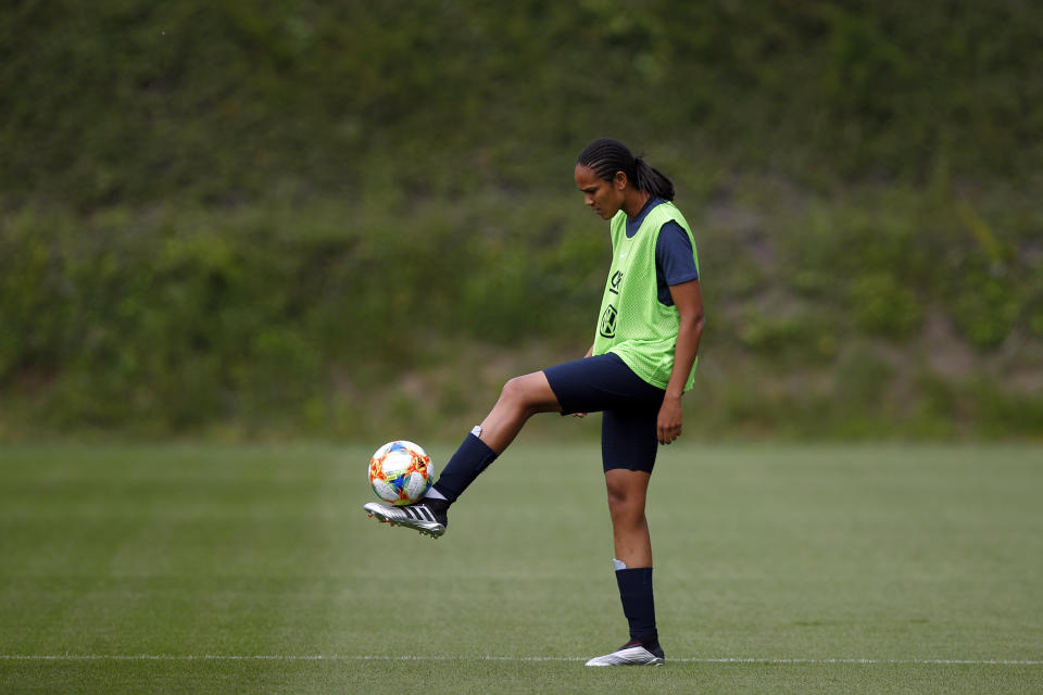 France women's national soccer team player Wendie Renard attends a training session ahead of the FIFA Women's World Cup in France at the Clairefontaine training center, outside Paris, France, Wednesday, May 29, 2019. France will compete in Group A at the 2019 FIFA Women's World Cup with South Korea, Norway and Nigeria. (AP Photo/Francois Mori)