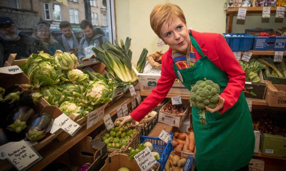 The SNP leader, Nicola Sturgeon, during a visit to a community greengrocer in Edinburgh