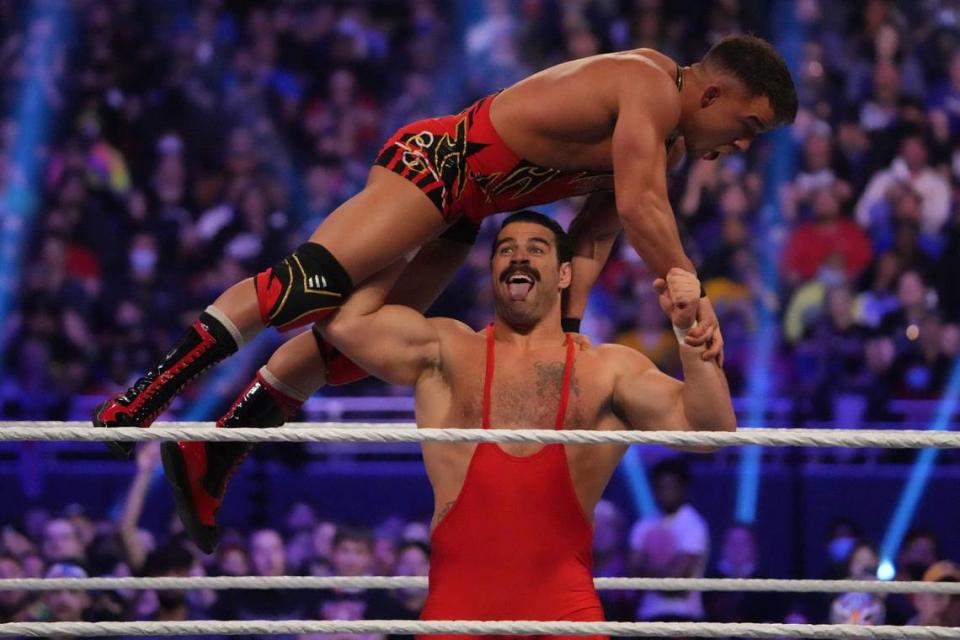 Chad Gable, top, during a 2022 Royal Rumble match. Gable’s career in the WWE has been taking off recently.
