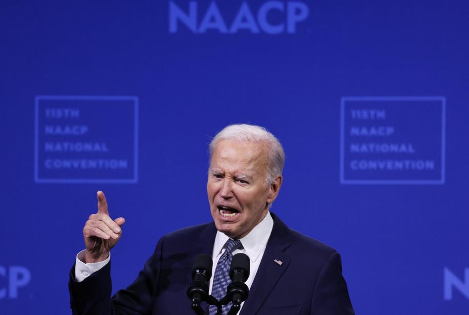 Joe Biden speaks on Saturday at the NAACP annual convention in Las Vegas as polls show him slipping further behind Donald Trump. (Getty Images)