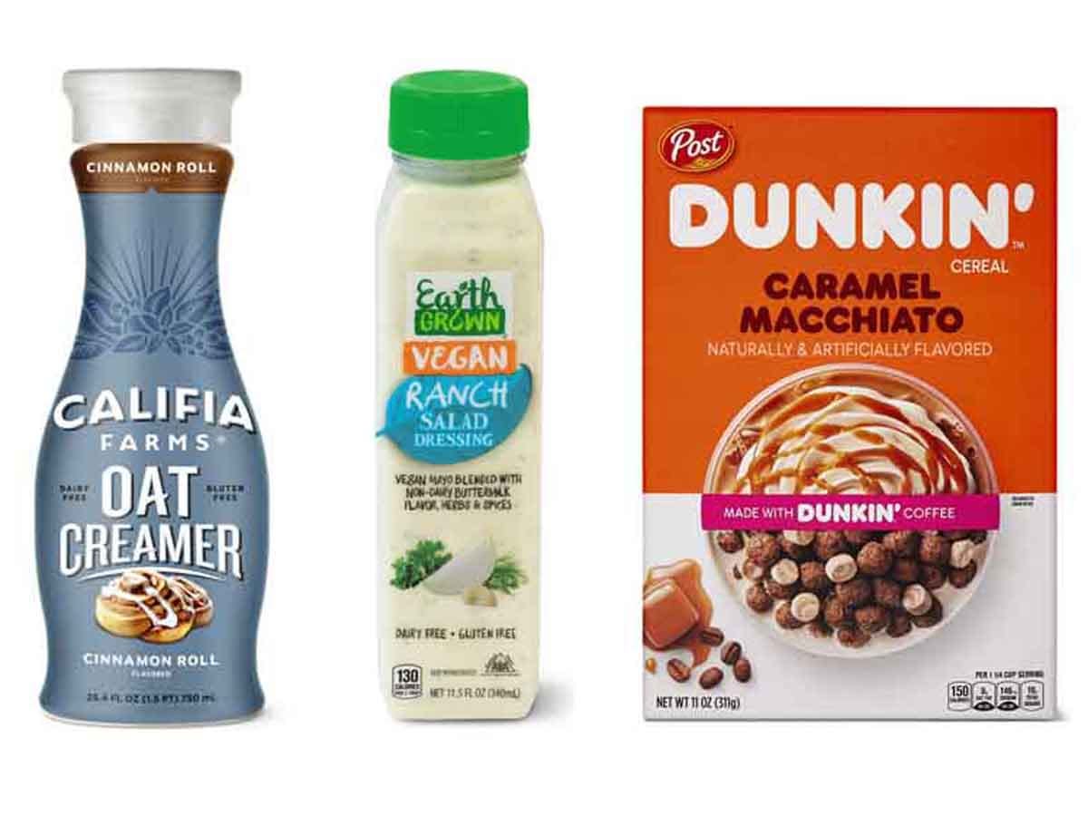 Aldi oat creamer in blue bottle, ranch dressing in clear bottle, and Dunkin cereal in orange box