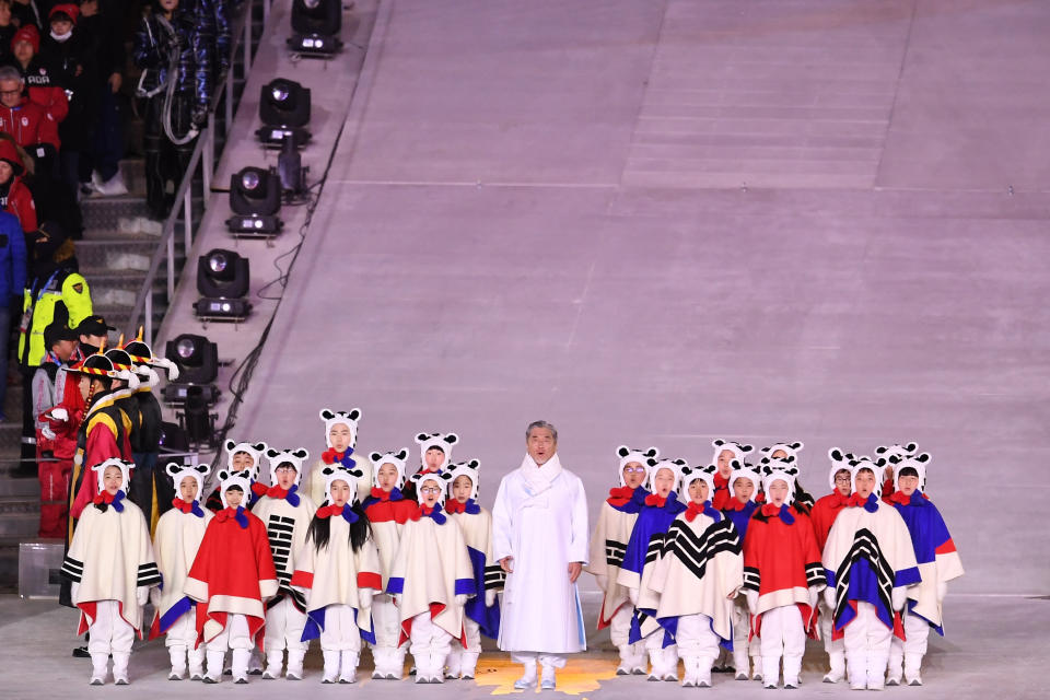 <p>Singer Jang Sa-ik performs the Korean national anthem during the Closing Ceremony of the PyeongChang 2018 Winter Olympic Games at PyeongChang Olympic Stadium on February 25, 2018 in Pyeongchang-gun, South Korea. (Photo by David Ramos/Getty Images) </p>