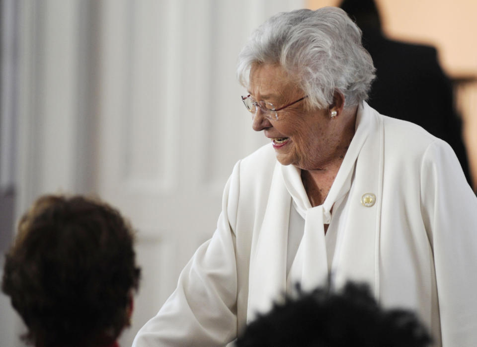 Alabama Gov. Kay Ivey greets people at a ceremony honoring the state's first Black poet laureate, Ashley M. Jones, at the Capitol in Montgomery, Ala., on Wednesday, Dec. 1, 2021. (AP Photo/Jay Reeves)