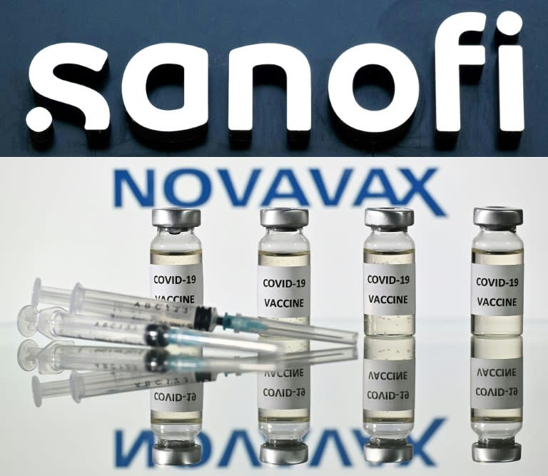 Una combinación de imágenes de arhivo del logotipo de las compañías Sanofi y de Novavax, junto a unos viales de la vacuna contra el covid-19 (Justin Tallis, Alain Jocard)