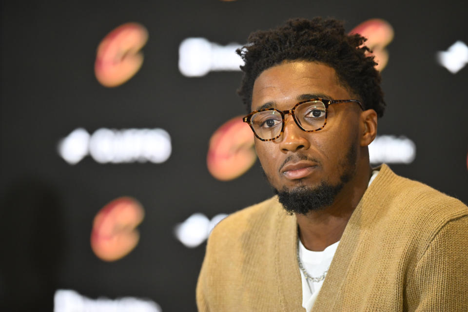 September 14, 2022; Cleveland, Ohio, USA. Cleveland Cavaliers guard Donovan Mitchell listens to media questions during a press conference at Rocket Mortgage Fieldhouse. Required Credit: David Richard-USA TODAY Sports
