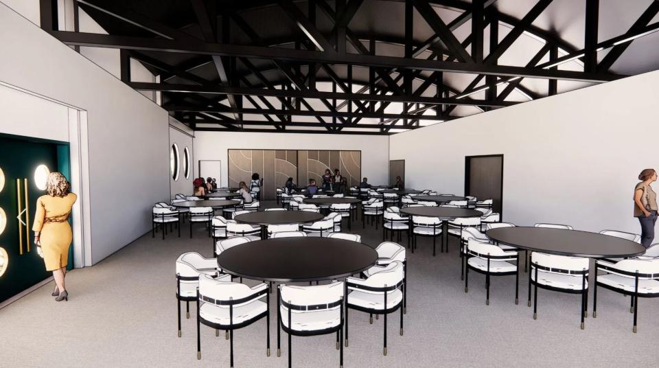 A rendering of an event space inside the Surf Ballroom Music Enrichment and Immersive Center.