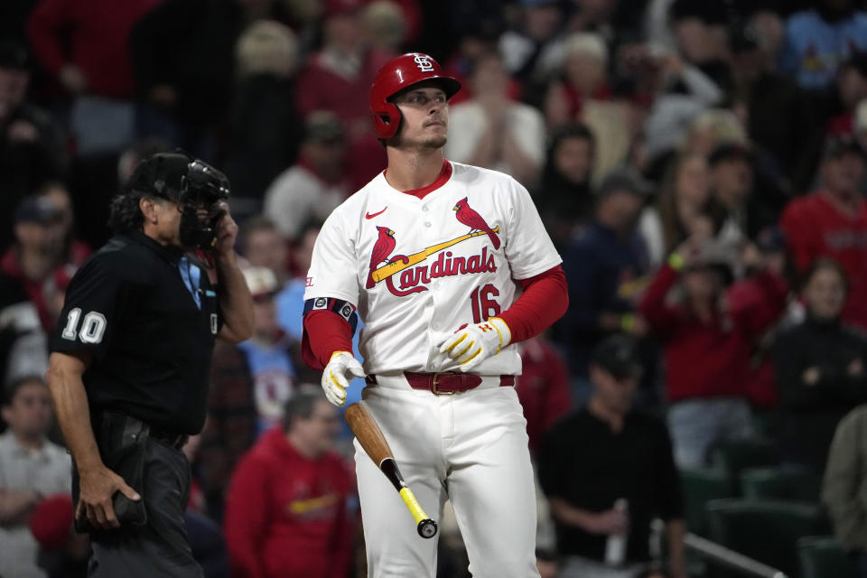 St. Louis Cardinals' Nolan Gorman drops his bat after striking out with the bases loaded to end the sixth of a baseball game against the Milwaukee Brewers Friday, April 19, 2024, in St. Louis. (AP Photo/Jeff Roberson)