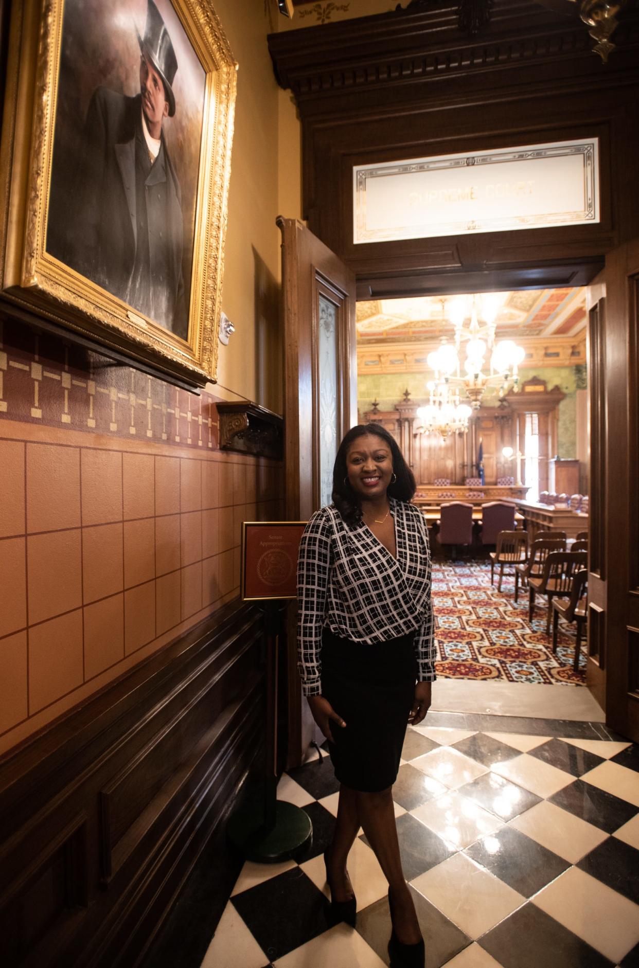 Sen. Sarah Anthony, D-Lansing, outside the Senate Appropriations room Monday, June 5, 2023. After four years of languishing in the Michigan Legislature, Anthony’s legislation to ban discrimination over a person's hair has passed the Senate with significant bipartisan support.