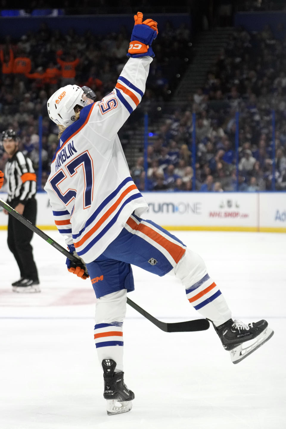 Edmonton Oilers left wing James Hamblin (57) celebrates his goal against the Tampa Bay Lightning during the first period of an NHL hockey game Saturday, Nov. 18, 2023, in Tampa, Fla. (AP Photo/Chris O'Meara)