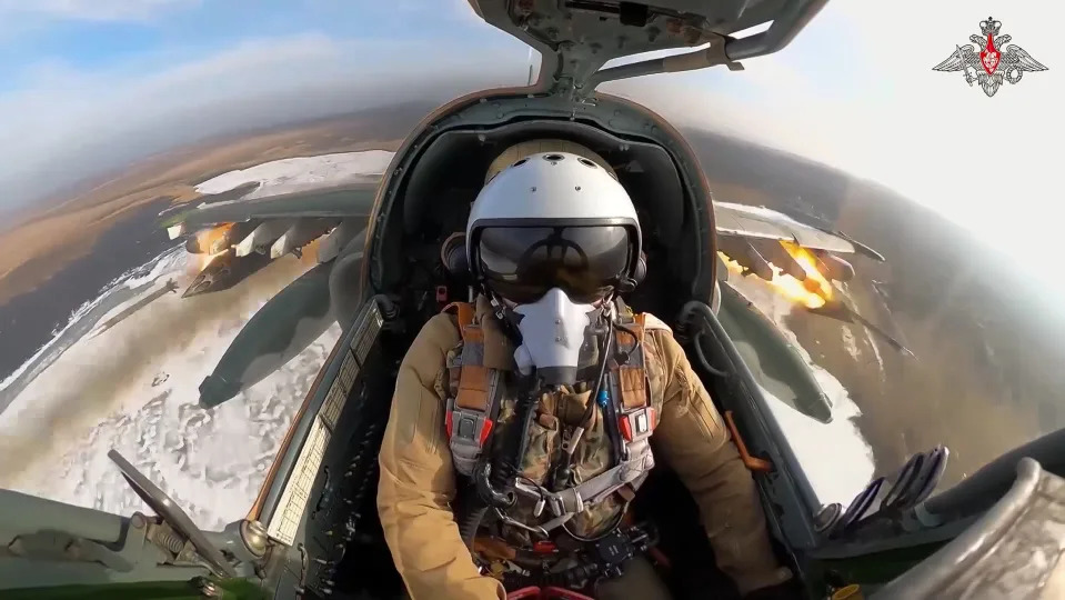 FILE – This frame grab from video released by the Russian Defense Ministry on Feb. 20, 2024, shows one of its Su-25 ground attack jets firing rockets during a mission over Ukraine. (Russian Defense Ministry Press Service via AP, File)