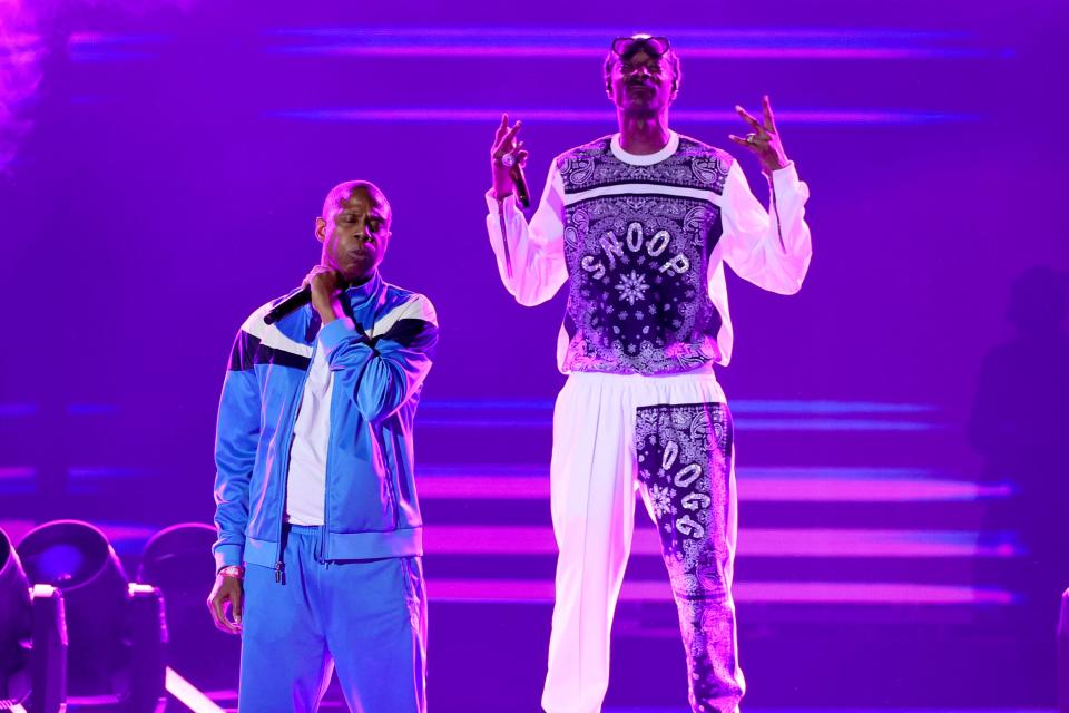 Doug E. Fresh and Snoop Dogg perform onstage during Hip Hop 50 Live at Yankee Stadium on Friday in New York City.