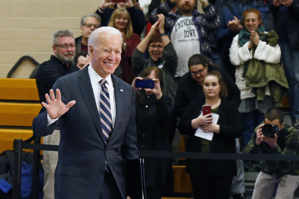 Democratic presidential candidate former Vice President Joe Biden arrives for a campaign event Thursday, Jan. 30, 2020, in Waukee, Iowa. (AP Photo/Sue Ogrocki)