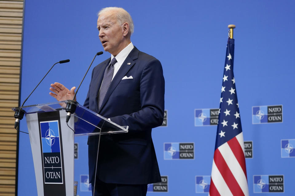 President Joe Biden speaks during a news conference after a NATO summit and Group of Seven meeting at NATO headquarters, Thursday, March 24, 2022, in Brussels. (AP Photo/Evan Vucci)