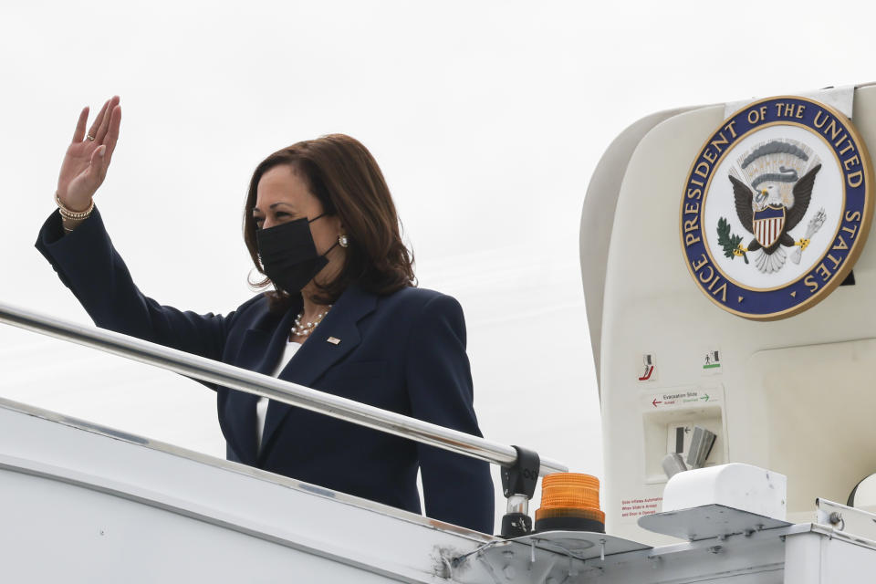 U.S. Vice President Kamala Harris arrives in Singapore Sunday, Aug. 22, 2021. Harris is on a tour of Southeast Asia, where she will attempt to reassure allies of American resolve following the chaotic end of a two-decade war. (Evelyn Hockstein/Pool Photo via AP)