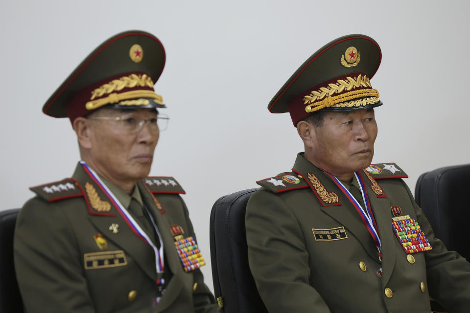 North Korean Marshal Pak Jong-chon, right, and Defence Minister Kang Sun-nam, left, attend a meeting of Russian President Vladimir Putin and North Korea's leader Kim Jong Un at the Vostochny cosmodrome outside the city of Tsiolkovsky, about 200 kilometers (125 miles) from the city of Blagoveshchensk in the far eastern Amur region, Russia, on Wednesday, Sept. 13, 2023. (Vladimir Smirnov, Sputnik, Kremlin Pool Photo via AP)