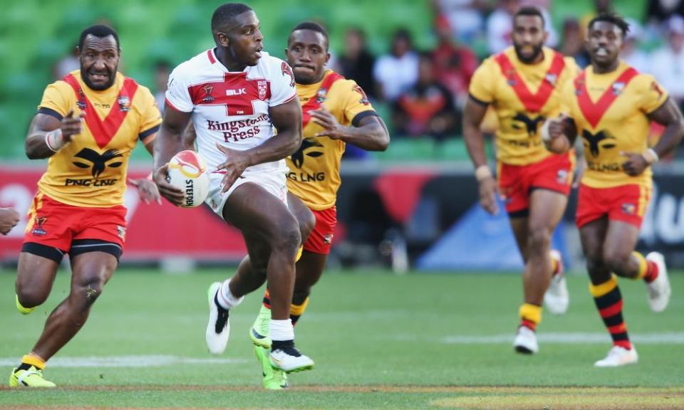 Jermaine McGillvary takes on Papua New Guinea in the quarter-final