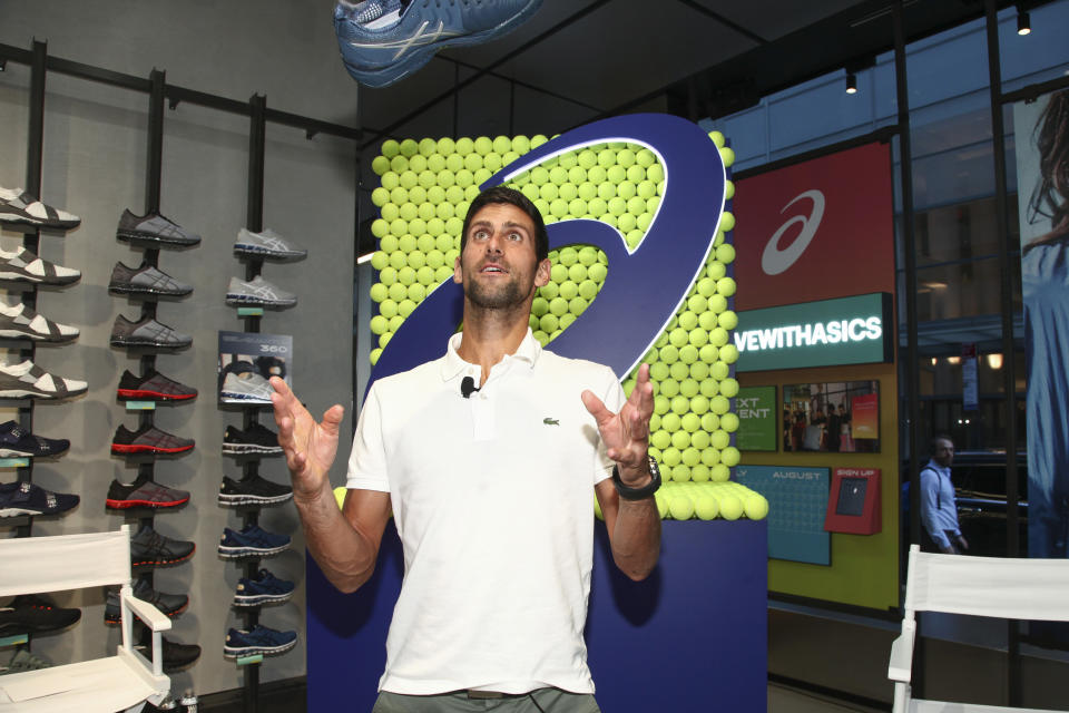 Professional tennis player Novak Djokovic makes an appearance at the ASICS Flagship Store on Wednesday, Aug. 22, 2018, in New York. (Photo by Andy Kropa/Invision/AP)