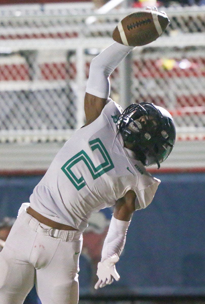 Choctaw WR Issac Thomas makes a one handed catch during the Fort Walton Beach-Choctaw football game at Fort Walton Beach.