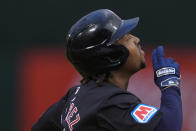 Cleveland Guardians' José Ramírez celebrates after hitting a two-run home run against the Oakland Athletics during the first inning of a baseball game Friday, March 29, 2024, in Oakland, Calif. (AP Photo/Godofredo A. Vásquez)