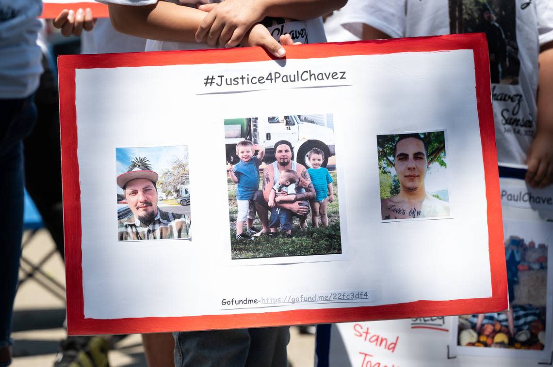 Relatives and friends of Paul Chavez Jr. gather in Modesto for a news conference to announce a wrongful death lawsuit for the fatal shooting of Chavez on July 14 by Modesto Police. Photographed on Entrada Way in Modesto, Calif., on Tuesday, July 26, 2022.