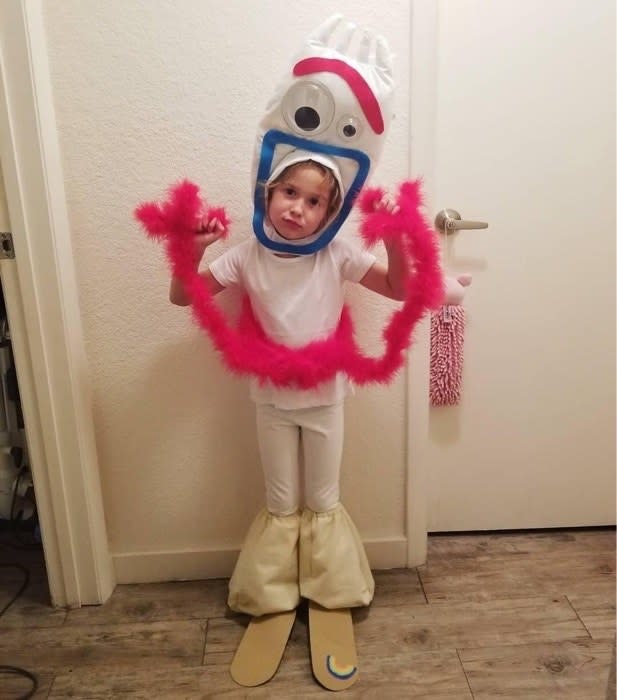 A little kid dressed as Forky from "Toy Story 4"