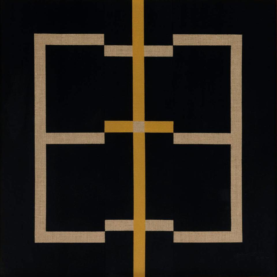 'Dúo Negro', 1984, de Manolo Vellojín. Acrílico sobre lienzo, 23.6 x 23.6 pulgadas. 