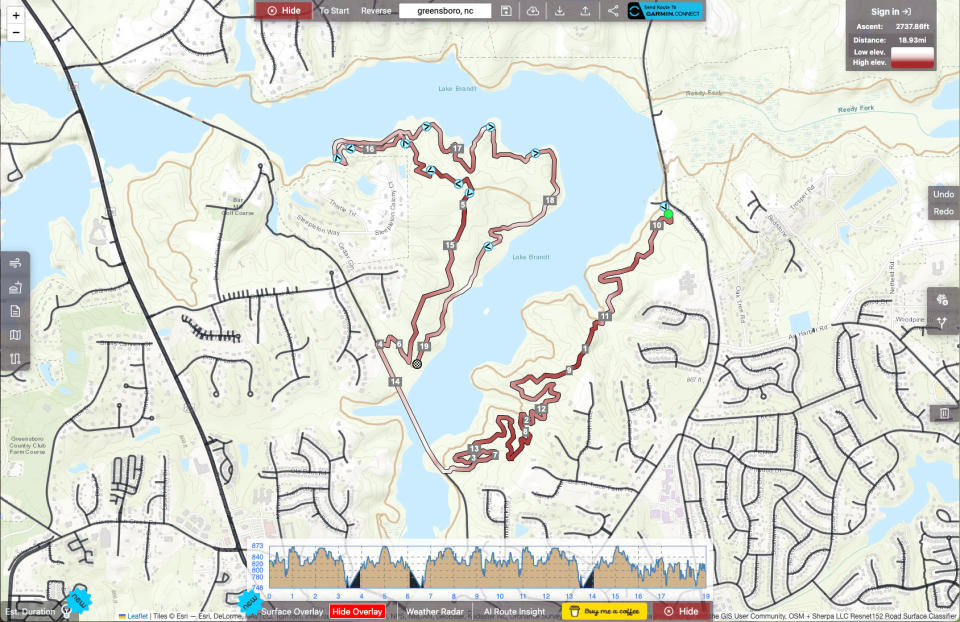 screenshot of Sherpa Map cycling map showing terrain elevation by color coding