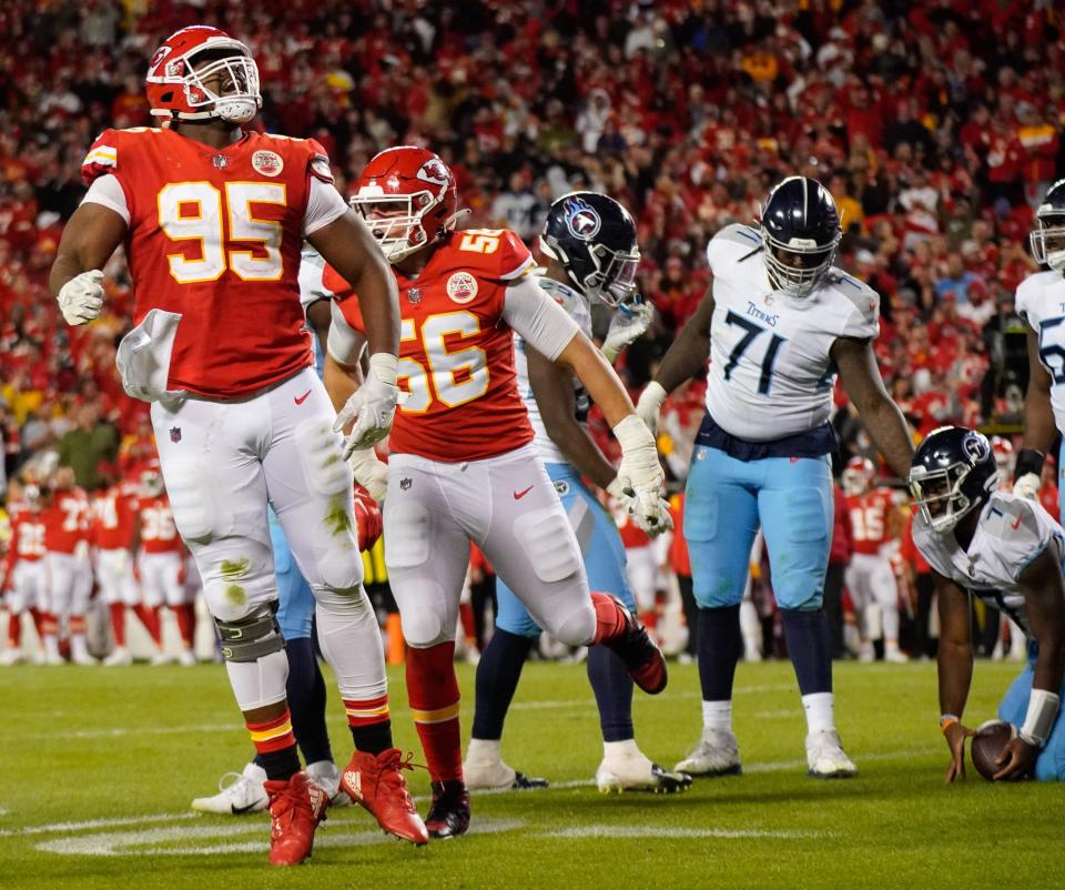 Kansas City Chiefs defensive tackle Chris Jones (95) and defensive end George Karlaftis (56) celebrate after sacking Tennessee Titans quarterback Malik Willis (7) in over time at GEHA Field at Arrowhead Stadium Sunday, Nov. 6, 2022, in Kansas City, Mo. 