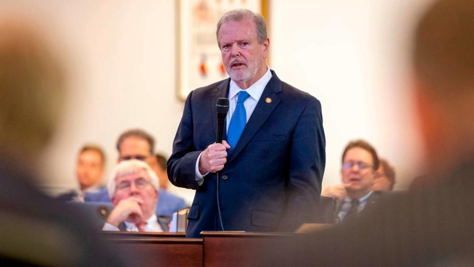 Senate leader Phil Berger addresses his colleagues, explaining why he is now leading the passage of Medicaid expansion after many years of opposing the legislation on Wednesday, June 1, 2022 at the General Assembly in Raleigh, N.C.