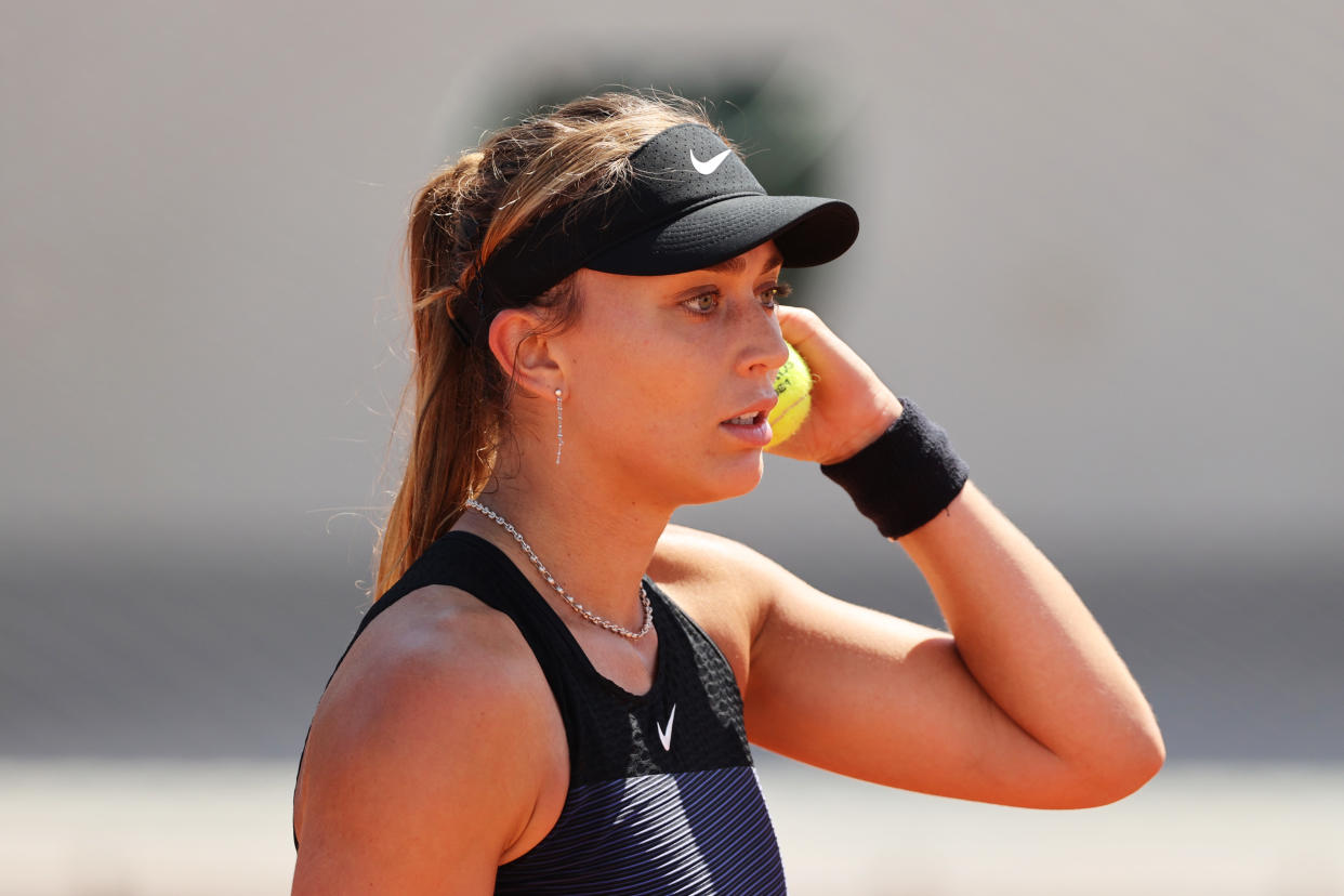 PARIS, FRANCE - MAY 30: Paula Badosa of Spain looks on in her First Round match against Lauren Davis of The United States during Day One of the 2021 French Open at Roland Garros on May 30, 2021 in Paris, France. (Photo by Clive Brunskill/Getty Images)