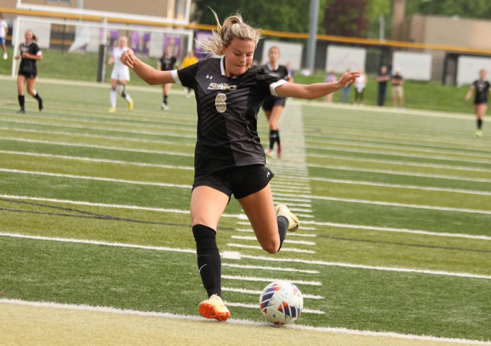 Sacred Heart-Griffin's Ava Hancock unleashes a goal during the first half of the Class 1A home regional final against Quincy Notre Dame at Ken Leonard Field on Friday, May 12, 2023.