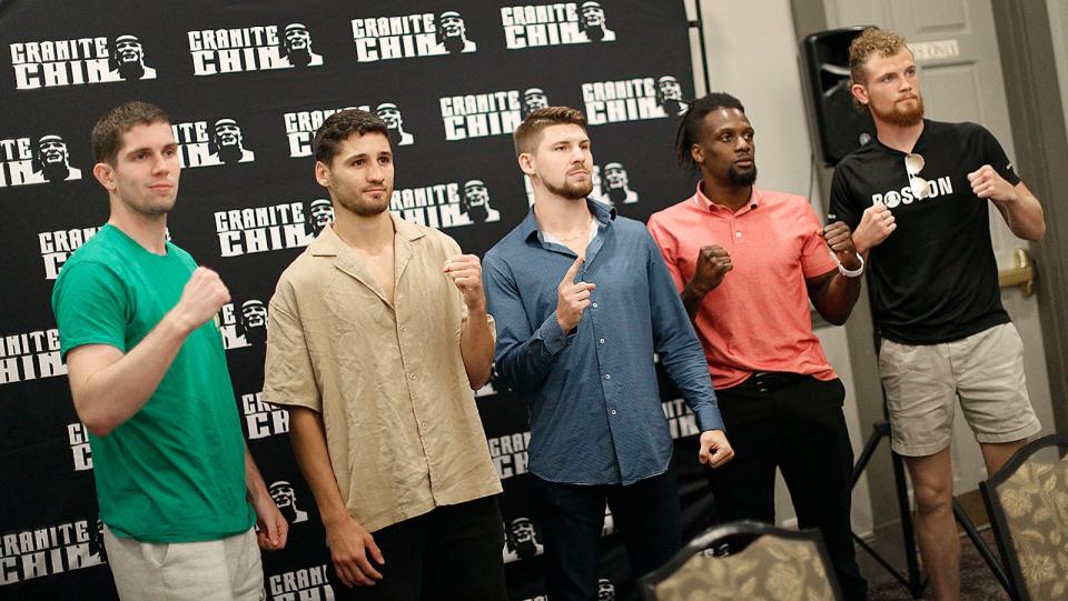 From left, boxers Thomas O'Toole, Mike Ohan Jr., Harry Gigliotti, Julien Baptiste and Francis Hogan promote the Granite Chin boxing event at Quincy's Veterans Memorial Stadium scheduled for Friday, Aug. 11, 2023.