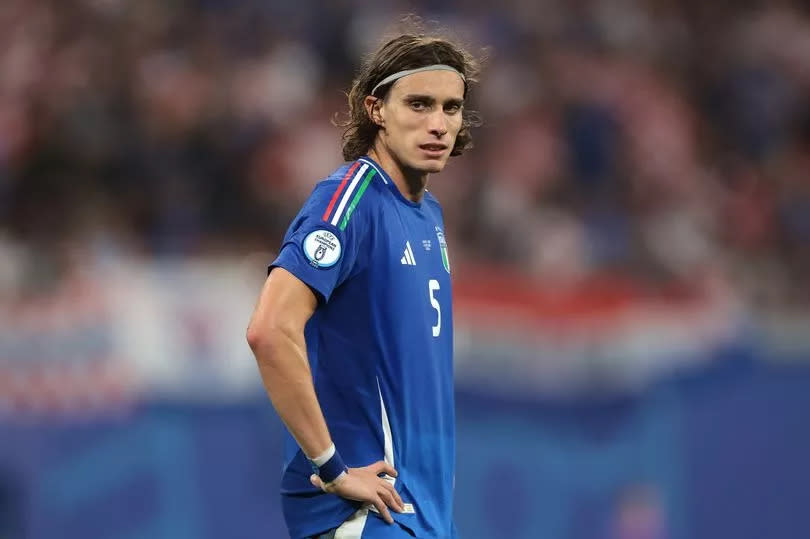 Riccardo Calafiori of Italy reacts during the UEFA EURO 2024 group stage match between Croatia and Italy at Football Stadium Leipzig on June 24, 2024 in Leipzig, Germany