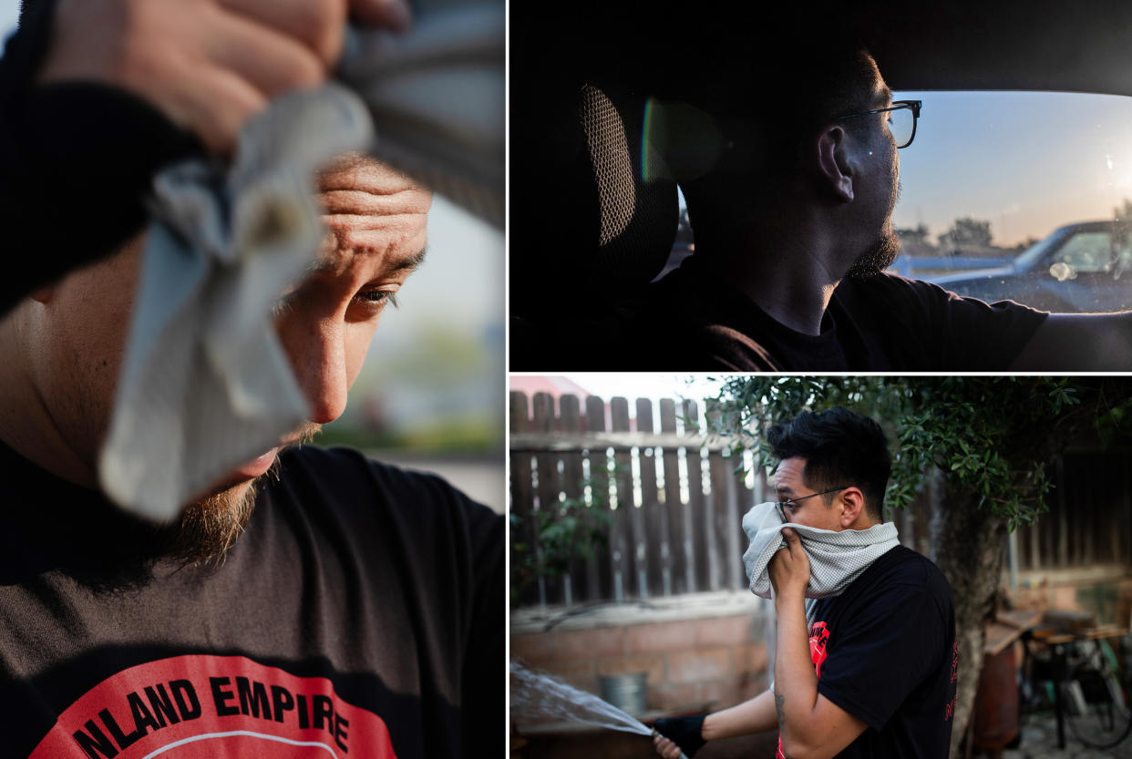 Daniel Rivera leaving work and at his home in Mentone, Calif. (Alex Welsh for NBC News)