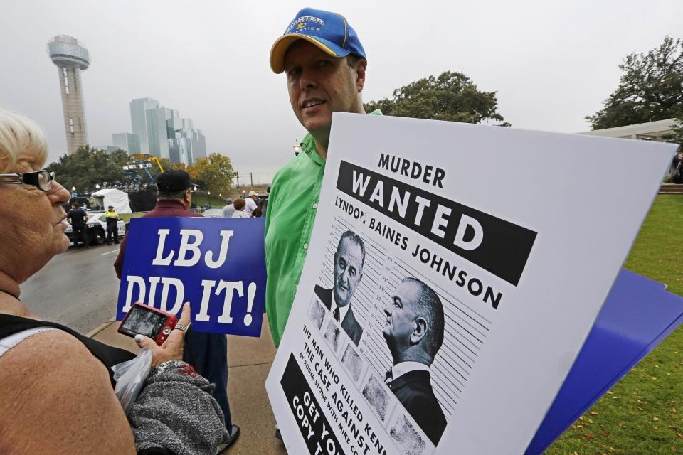 Morrow of Austin, Texas promotes his belief that U.S. Vice President Lyndon Baines Johnson was involved in the assassination of President John F. Kennedy , in Dallas