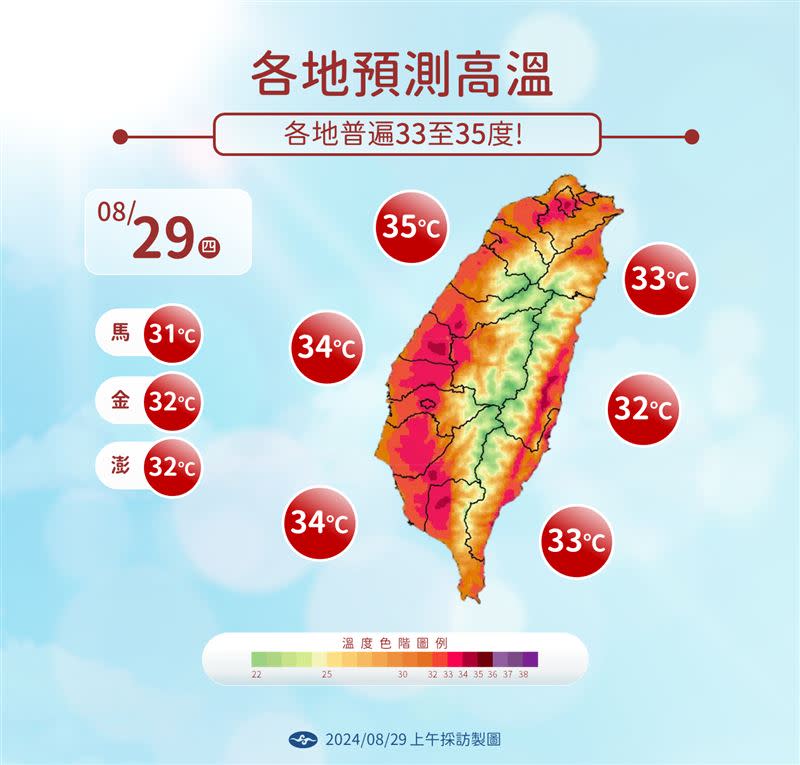 今日溫度高溫炎熱，各地普遍高溫33-35度。（圖／氣象署提供）