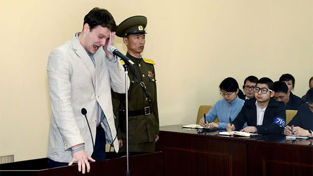 Otto Warmbier cries at court in Pyongyang after finding out he would be sentenced to 15 years of hard labour in N. Korea. Photo: REUTERS