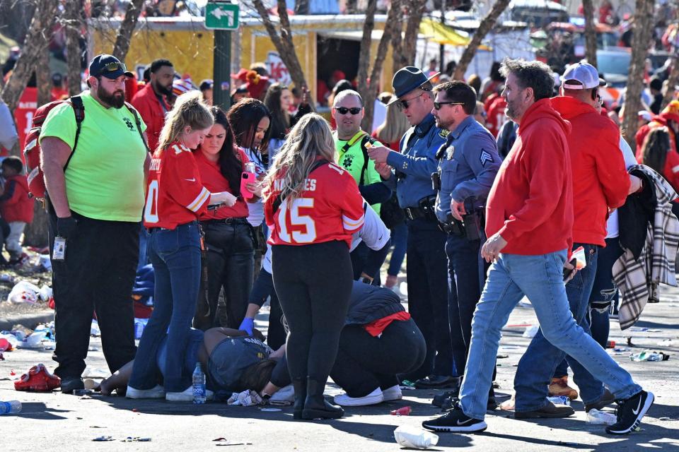 Police respond to injuries after shots were fired after the celebration of the Kansas City Chiefs winning Super Bowl LVIII (via REUTERS)