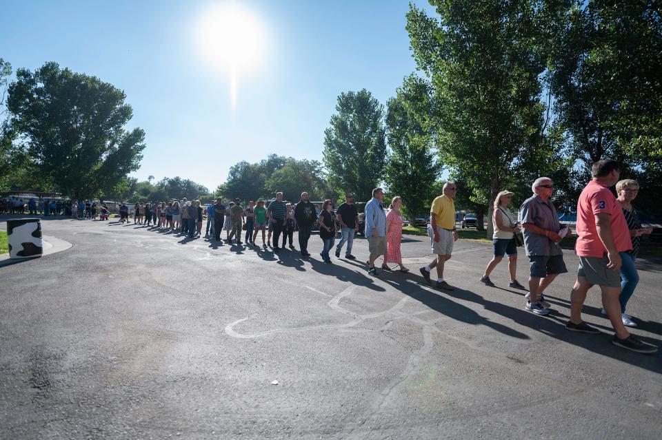 A long line forms at the entrance of the Governor's Plate food truck competition at the Colorado State Fair on Tuesday, August 29, 2023.