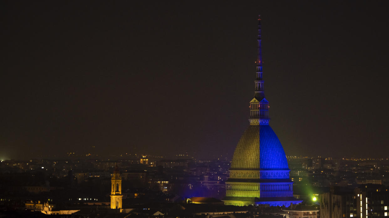 The Mole Antonelliana, major landmark in Turin, is lit up in (Nicolò Campo / LightRocket via Getty Images)