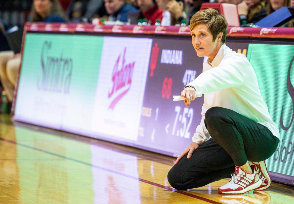Indiana Head Coach Teri Moren instructs her team during the second half of the Indiana versus Michigan women's basketball game on Thursday, Jan. 4, 2024.