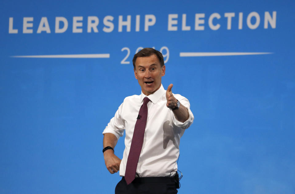 Conservative party leadership candidate Jeremy Hunt delivers his speech during a Conservative leadership hustings at ExCel Centre in London, Wednesday, July 17, 2019. The two contenders, Jeremy Hunt and Boris Johnson are competing for votes from party members, with the winner replacing Prime Minister Theresa May as party leader and Prime Minister of Britain's ruling Conservative Party. (AP Photo/Frank Augstein)