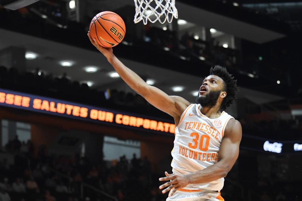 Tennessee guard Josiah-Jordan James (30) takes a shot during an NCAA college basketball game between Tennessee and Wofford at Thompson-Boling Arena at Food City Center, Tuesday, Nov. 14, 2023. Tennessee defeated Wofford 82-61.