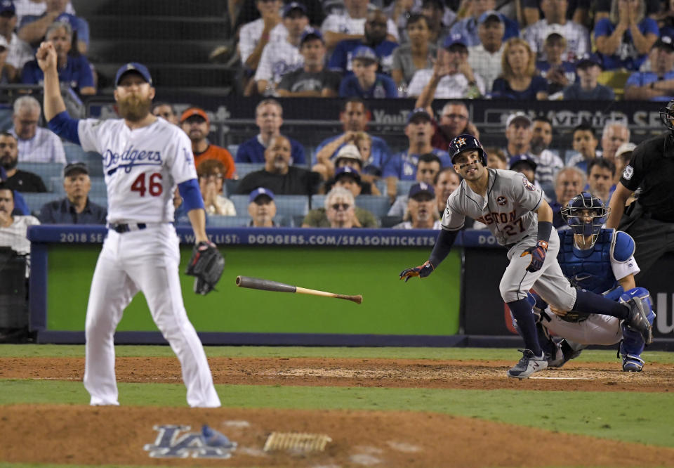 <p>Houston Astros’ Jose Altuve celebrates after a home run off Los Angeles Dodgers relief pitcher Josh Fields during the 10th inning of Game 2 of baseball’s World Series Wednesday, Oct. 25, 2017, in Los Angeles. (AP Photo/Mark J. Terrill) </p>