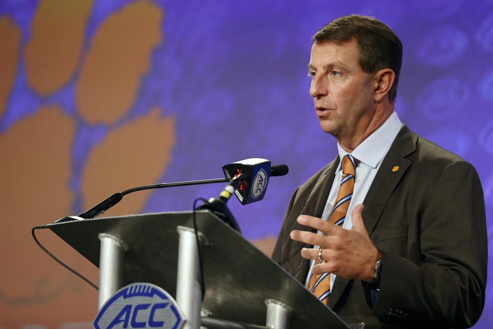 Clemson head coach Dabo Swinney answers a question at the NCAA college football Atlantic Coast Conference Media Days in Charlotte, N.C., Wednesday, July 20, 2022. (AP Photo/Nell Redmond)