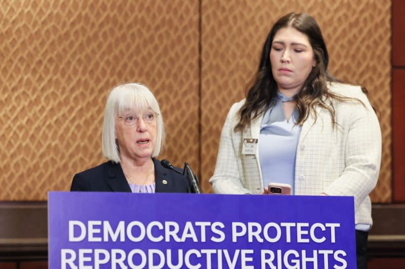 Sen. Patty Murray, D-Wash., speaks to the media during a press conference called by Senate Democrats to highlight reproductive rights issues ahead President Biden's State Of The Union address on Thursday. Murray was joined at the podium by her guest for the State of the Union, Kayla Smith, who had to travel from Idaho to Washington to seek an abortion due to fetal complications. Photo by Jemal Countess/UPI